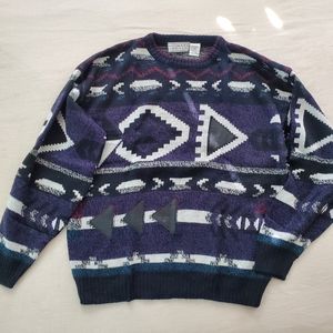 Vintage Grandpa Style Sweater Pattern Chunky Knit 90s XL Blue Purple